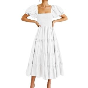 ANRABESS White Tiered Smocked Bodice Peasant Maxi Dress Size L Puff Sleeve Boho
